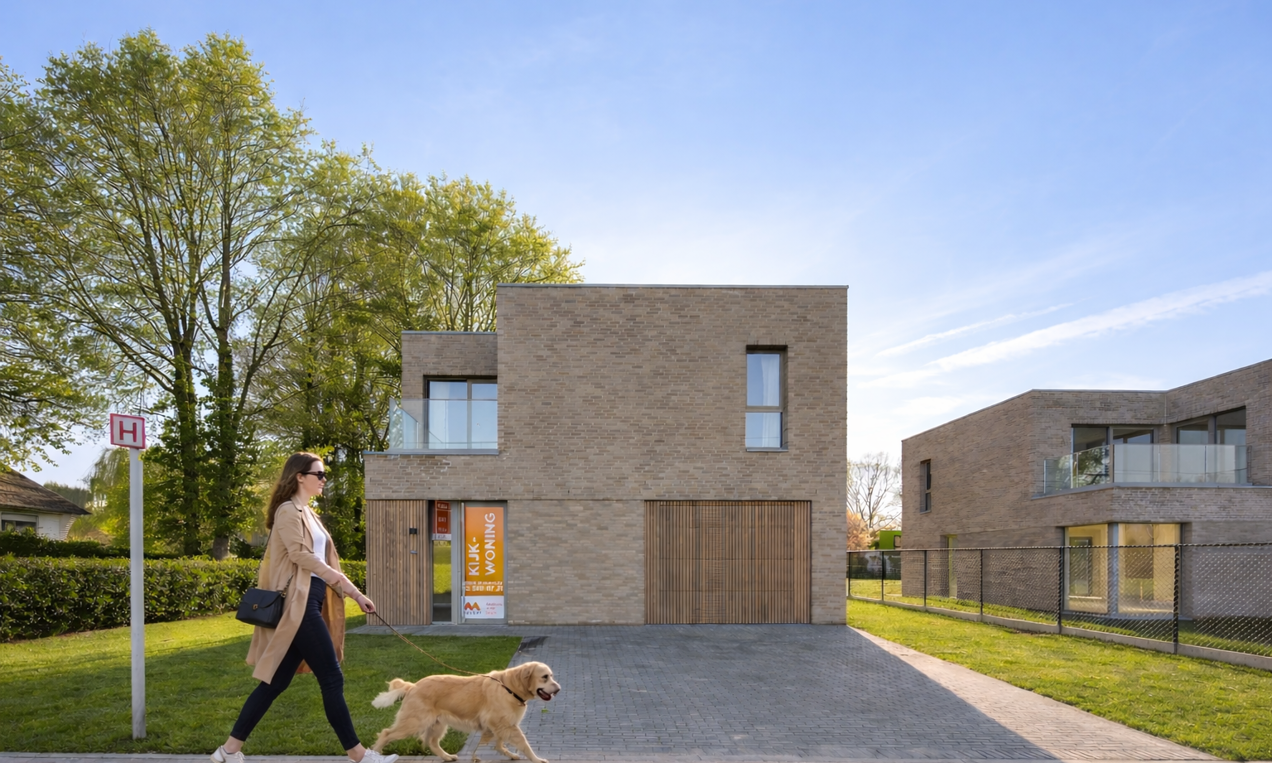 Halle moderne woning te koop - grote open bebouwing met houtaccenten en lichte beige, grijze gevelsteen