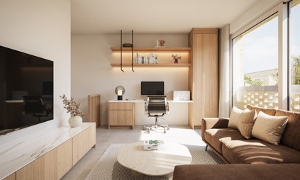 Tijl Uilenspiegel woningen appartementen linkeroever groen Antwerpen living zetel sofa bureau A4.1.2 3 slaapkamers