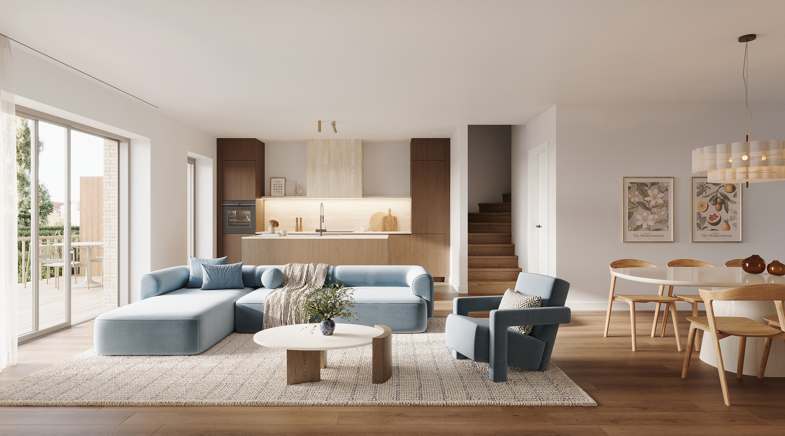 Interieur halfopen woningen in Kessel-Lo met open indeling, open en lichte leefkeuken en leefruimte 
