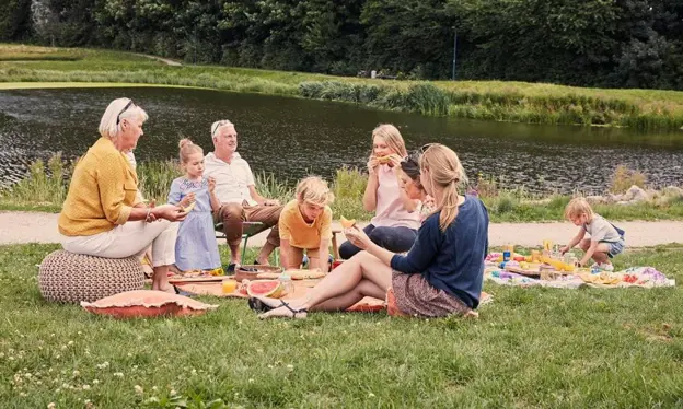 Gezin op een grasveld in een buurt