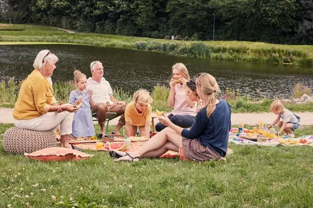 Gezin op een grasveld in een buurt