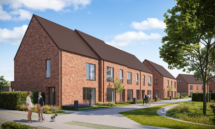 Merksplas Pastoor Ceulemansstraat render 3D huizen sfeer