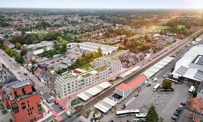 geel station luchtbeeld groen daken