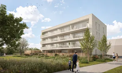 Geel Laar appartementen zuidgerichte terrassen wandelen mensen groen park bomen