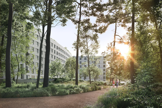 Nieuwbouw Genk Bosart - zicht op de achterkant van het gebouw vanuit een bosrijke omgeving