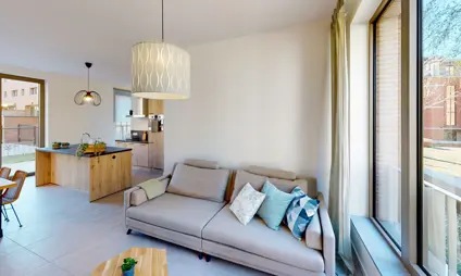 Appartement Quartier Bleu Hasselt, gelijkvloers, 2 slaapkamers en terras - foto leefruimte