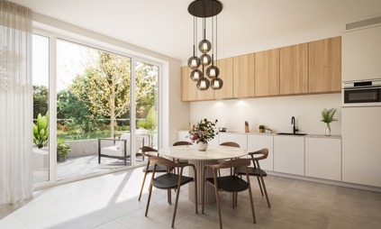 Tijl Uilenspiegel woningen linkeroever groen Antwerpen interieur keuken eetruimte eettafel