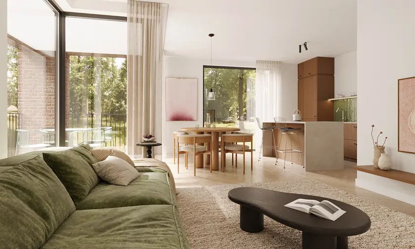 Appartementen te koop Genk Veldstraat 2 slaapkamerappartementen in moderne architectuur - interieurbeeld woonkamer en keuken