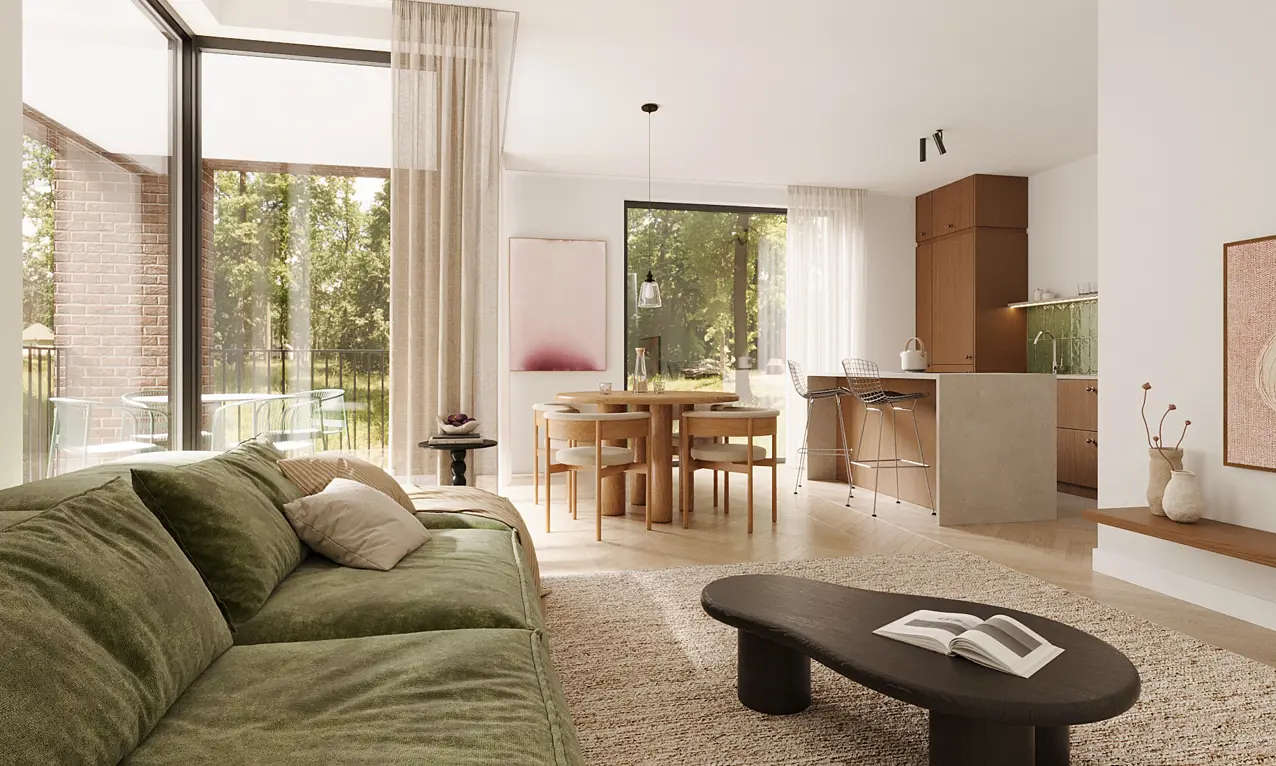 Appartementen te koop Genk Veldstraat 2 slaapkamerappartementen in moderne architectuur - interieurbeeld woonkamer en keuken