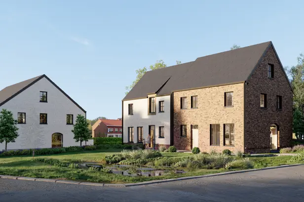Halfopen woningen in landelijke stijl te koop in Holsbeek. Cluster van 2 woningen met groenzone vooraan.