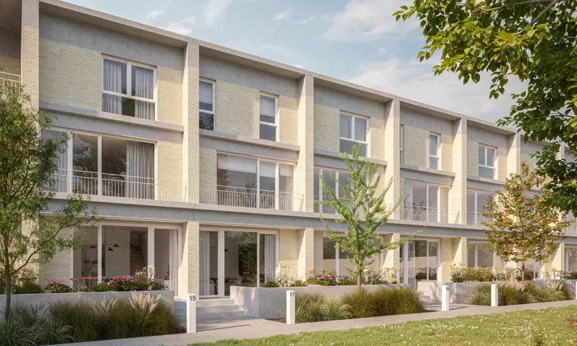 Tijl Uilenspiegel woningen linkeroever groen Antwerpen bomen terras 