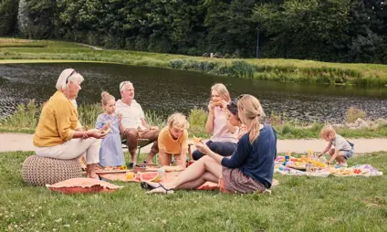 Familie die plezier heeft in een picknick aan het Molenvijverpark. 