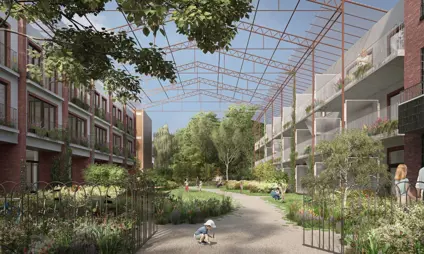 Beautiful natural garden surrounded by unique houses and apartments