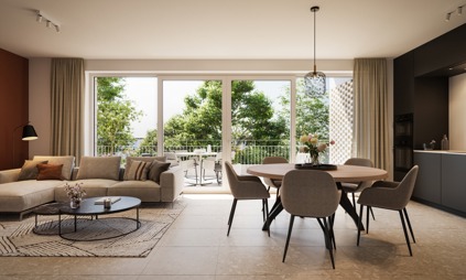 Tijl Uilenspiegel appartementen linkeroever groen Antwerpen bomen terras keuken living zetel