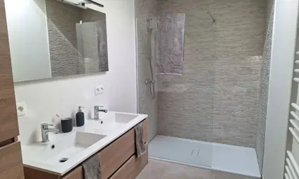 Salle de bain spacieuse avec douche et baignoire.