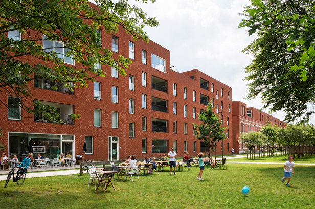 Gevels van de moderne appartementen met een groene grasvlakte