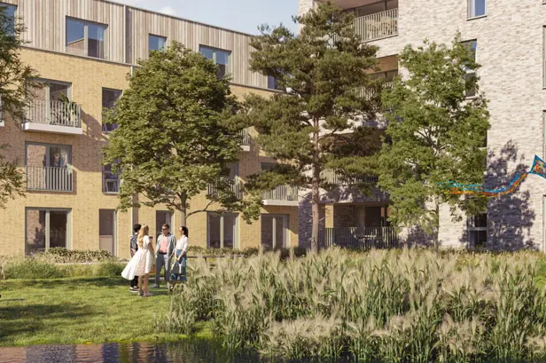 Geel Laar appartementen groene omgeving gras bomen terras water wadi