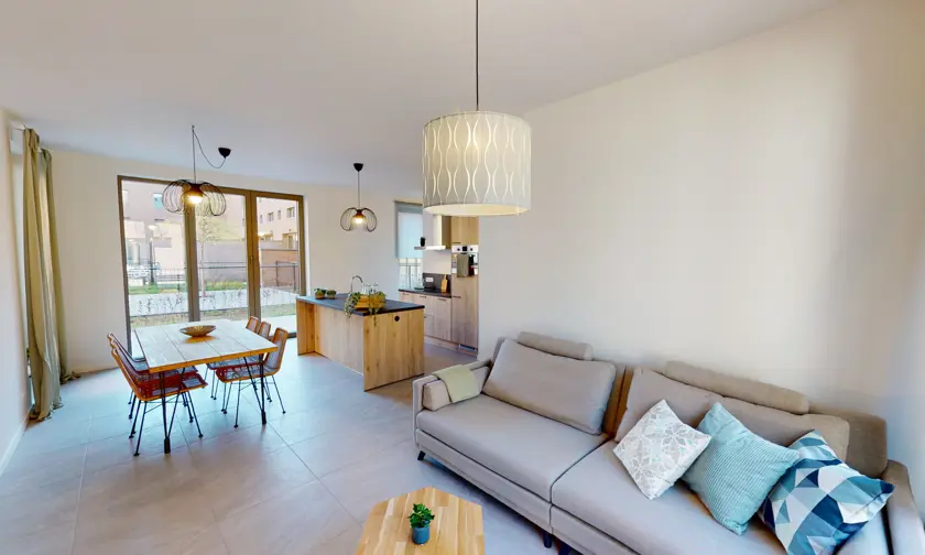 Appartement Quartier Bleu Hasselt, gelijkvloers, 2 slaapkamers en terras - foto leefruimte