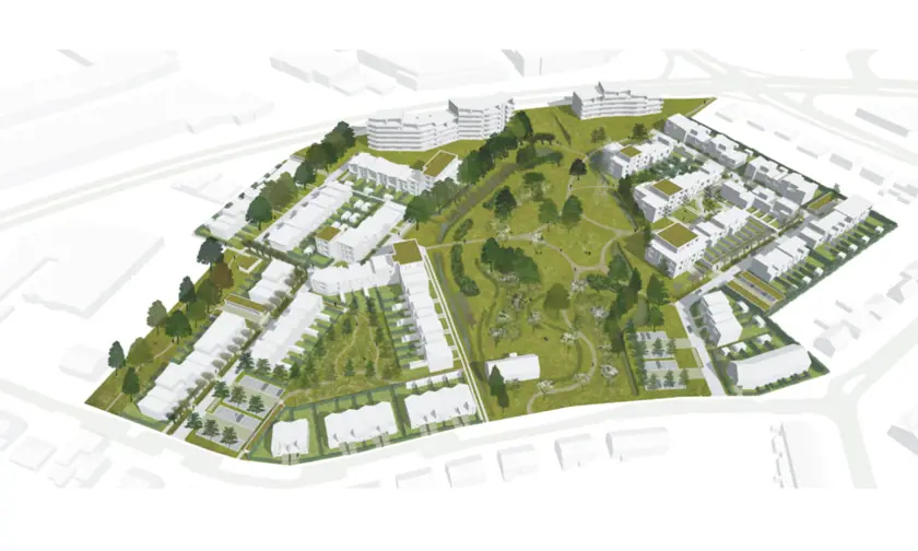 Wijnegem Ertbrugge luchtbeeld toekomstig project woningen huizen groen gras bomen